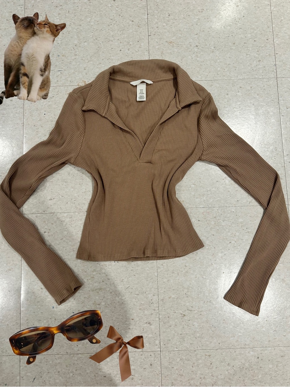 Long Sleeve Ribbed Polo Top